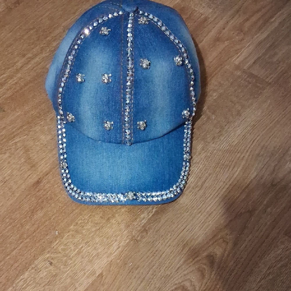 Denim Satin Hat Embellished Rhinestones And Skulls Satin Lined